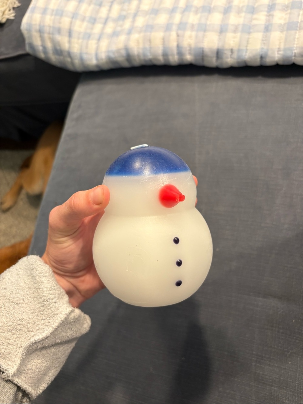 IKEA White Snowman Candle with Blue Accent